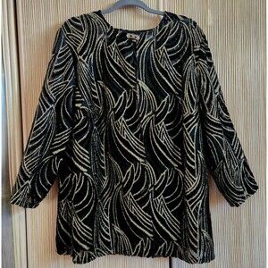 R&K Evening Women's Blouse Size 2X Black Velvet Vintage Classic Gold Sparkle